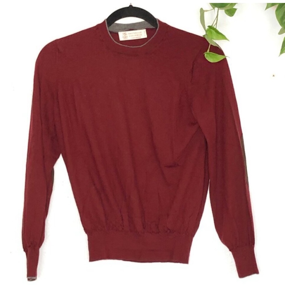 Brunello Cucinelli Elbow Patch Crewneck Sweater Red Wool Cashmere Leathe…